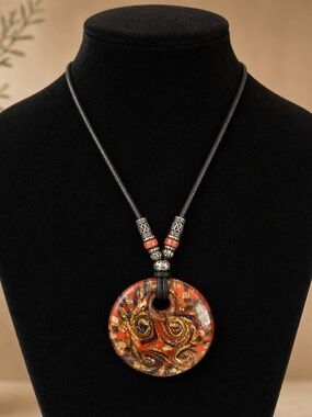 Artisan Red & Gold Glass Donut Pendant Necklace